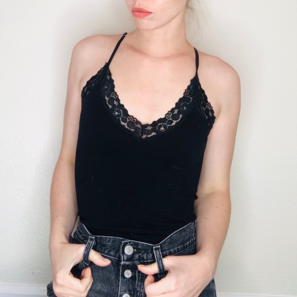 Forever 21 black lace racer back bodysuit small ribbed stretchy comfort sexy
